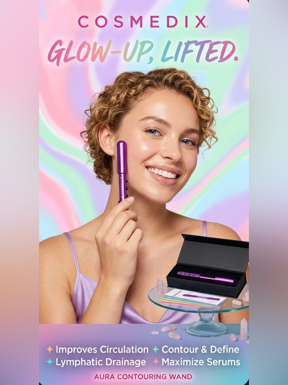 New ~ COSMEDIX Metallic Purple Rose Quartz Facial Massage Wand with Box